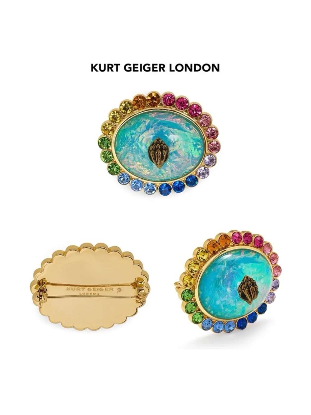 NWT KURT GEIGER Eagle-crowned Faux Opal Stone/Glass Stones Gold Tone Brooch/Pin